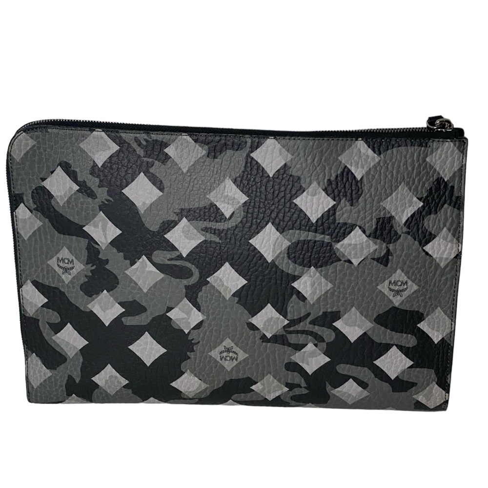 MCM Silver Shadow Leather XL Zip Top Clutch Pouch ~ 13.5” x 10” x 3” ~ Excellent